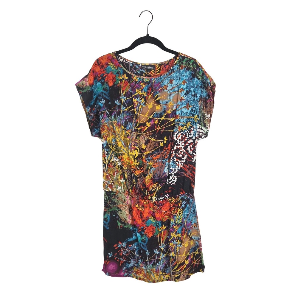 Warehouse Multicolor Silk Floral Abstract Mini Dress US 4 Artsy Maximalist Boho